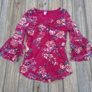 Floral Ruffly Lacey Layered Bell Sleeve Blouse Top